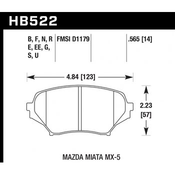Колодки тормозные HB522EE.565 HAWK Blue 42; Mazda Miata MX-5 15mm
