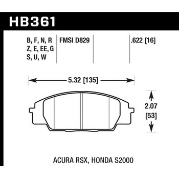 Колодки тормозные HB361S.622 HAWK HT-10 Honda S2000/Civic Type "R", Acura RSX 16 mm
