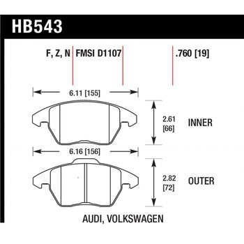 Колодки тормозные HB543R.760 HAWK Street Race передние AUDI A3 / VW Golf 5,6 , Passat CC, B6, B7