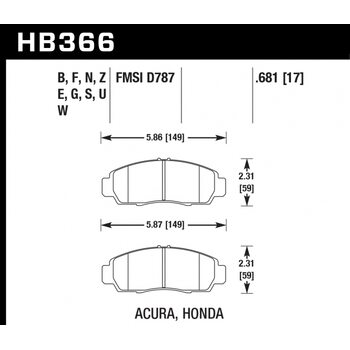 Колодки тормозные HB366B.681 HAWK Street 5.0 передние  Honda Civic+ EU,EP 1,8 / FD1,3   Accord