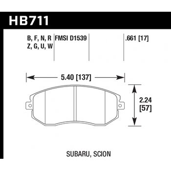 Колодки тормозные HB711G.661 HAWK DTC-60 перед Subaru BRZ, Forester, Impreza 2011-> , Legacy, Outbac