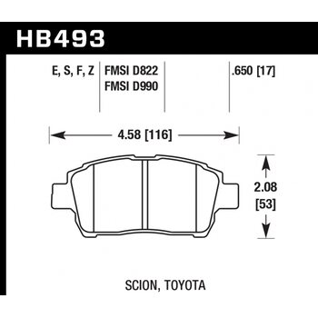 Колодки тормозные HB493S.650 HAWK HT-10; Scion, Toyota 17mm