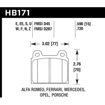 Колодки тормозные HB171S.590 HAWK HT-10 Porsche "A" or "S" Caliper 15 mm
