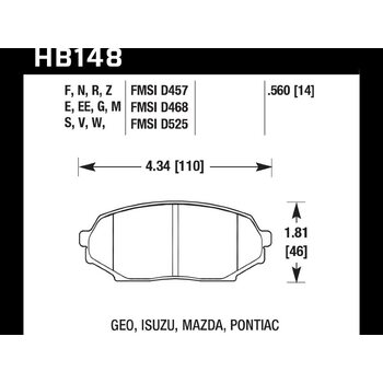 Колодки тормозные HB148G.560 HAWK DTC-60 Mazda Miata MX-5 1.6L 14 mm