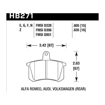 Колодки тормозные HB271E.605 HAWK Blue 9012; Audi, Volkswagon (Rear) 16mm