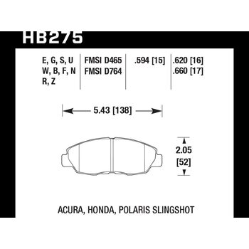 Колодки тормозные HB275S.620 HAWK HT-10 Acura/Honda 16 mm