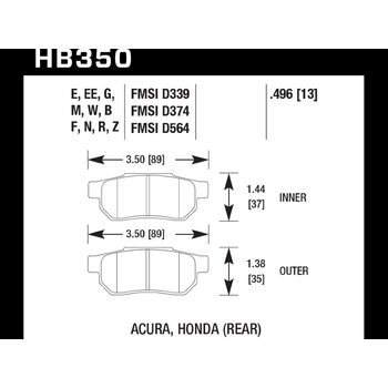 Колодки тормозные HB350M.496 HAWK Black Acura/Honda (Rear) 13 mm