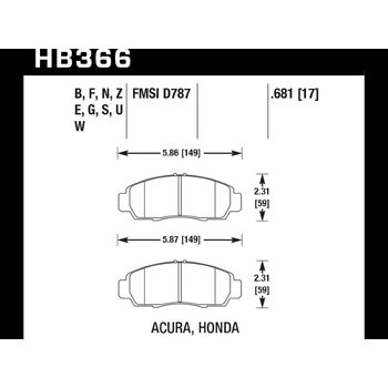 Колодки тормозные HB366E.681 HAWK Blue 9012 Acura/Honda 17 mm