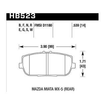 Колодки тормозные HB523S.539 HAWK HT-10 Mazda Miata MX-5 (Rear) 14 mm