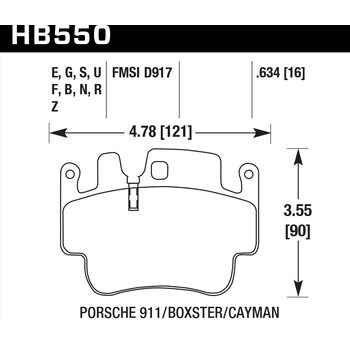 Колодки тормозные HB550F.634 HAWK HPS 16 mm Porsche 911 (996), (997), Boxter (986), Cayman