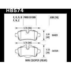 Колодки тормозные HB574S.636 HAWK HT-10 задние MINI COOPER 2 (R56) / BMW 1 (E87) 116i, 118i