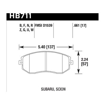 Колодки тормозные HB711R.661 HAWK Street Race перед Subaru BRZ, Toyota GT 86, Forester, Impreza 2011