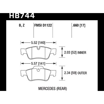 Колодки тормозные HB744Z.660 HAWK PC; 17mm зад MB M W164; R W251; G W463; GL X164;