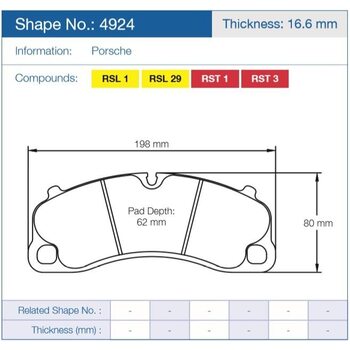 Колодки тормозные 4924-RSL1 PAGID RSL1 перед Porsche 911 Turbo, GT3 2013-> ; Cayman GT4