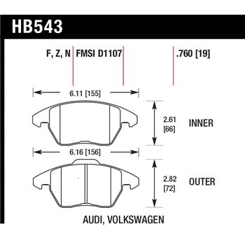 Колодки тормозные HB543F.760 HAWK HPS передние AUDI A3 / VW Golf 5,6 , Passat CC, B6, B7