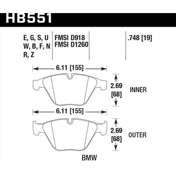 Колодки тормозные HB551F.748 HAWK HPS передние BMW 3 (E90,91,92) 335i,  M3 E90, 5 E60, 6 E63, 7 E65