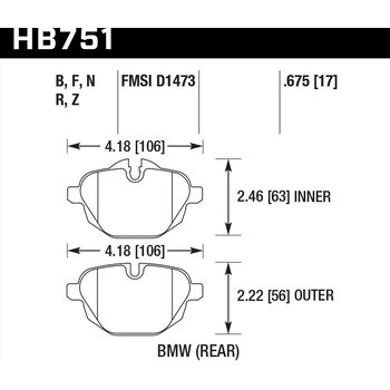 Колодки тормозные HB751N.675 HAWK HP PLUS; 17mm  BMW 5 F10; 5 F11; 5 F18; i8; X3 F25; X4 F26;