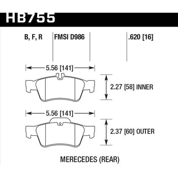Колодки тормозные HB755F.620 HAWK HPS; 16mm  задн MB CLS C218; C219; E W212;
