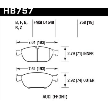 Колодки тормозные HB757F.758 HAWK HPS перед Audi A6 4G2, C7, 4GC; A7 4GA, 4GF; Allroad 4GH;